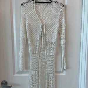 White Handmade Crochet Knit Dress with Bell Sleeves – Boho Beach Cover-Up